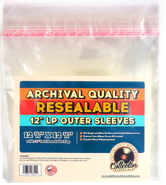 50 Pack Resealable LP Outer Sleeves with Flap - Archival Vinyl Record Covers - Crystal-Clear Polypropylene with Reseal Strip for 12" Records