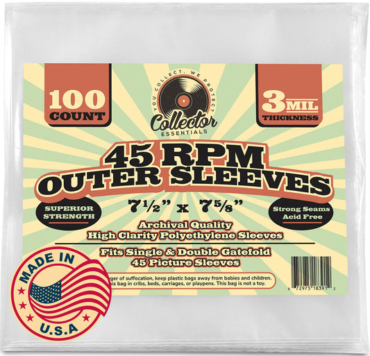 100-Pack 45 RPM Vinyl Record Outer Sleeves - Clear, 3 Mil Thick Polyethylene Small 7" Inch Protective Storage Bags