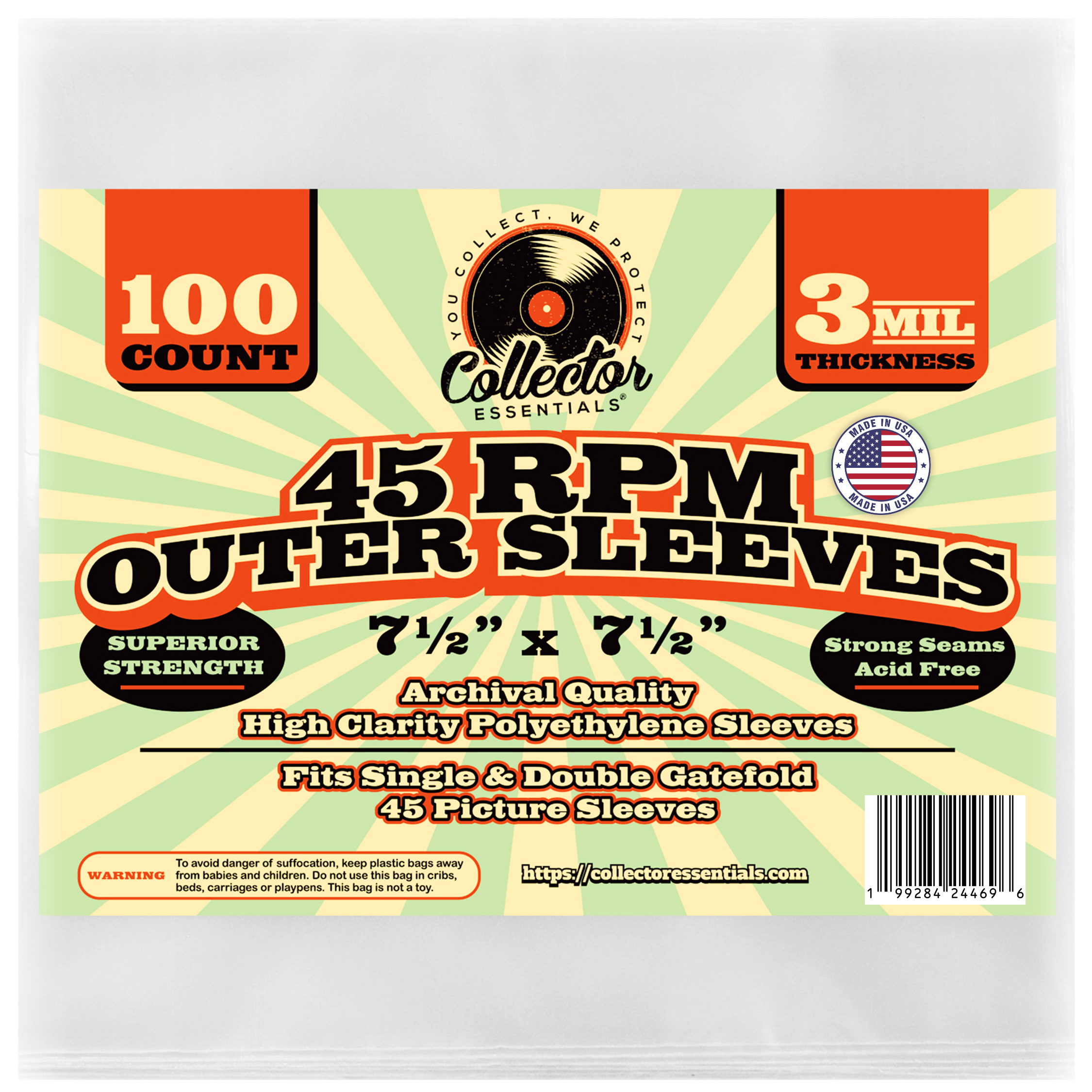 100 pack 45 rpm vinyl record outer sleeves – clear 3 mil polyethylene, made in usa, 7 inch protective storage bags for picture sleeves & jackets