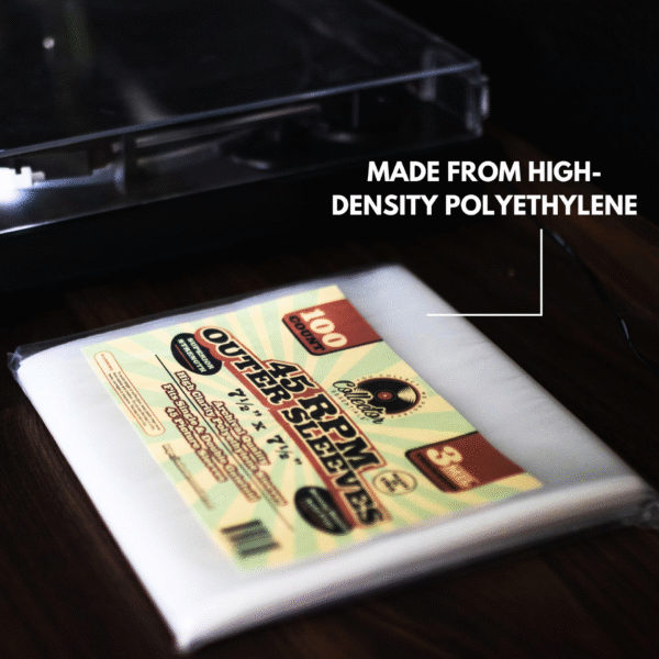 100-pack of 45 RPM outer sleeves made from high-density polyethylene displayed next to a turntable