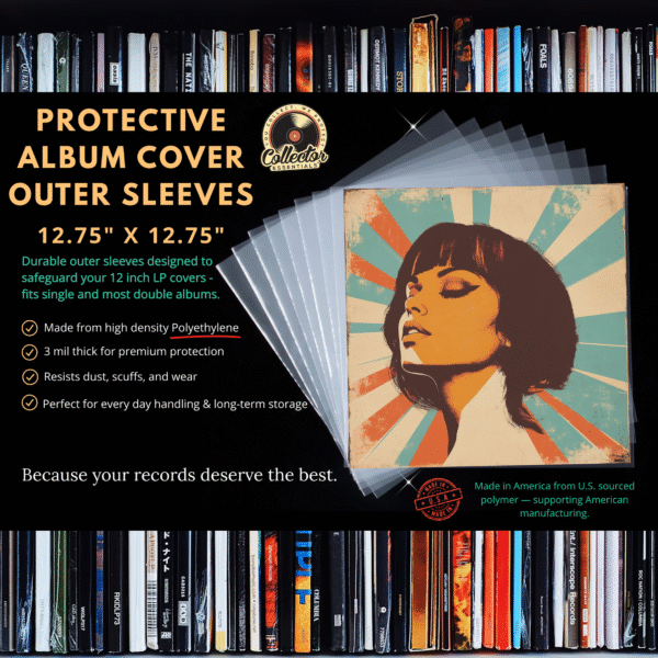Collector Essentials infographic showing 12.75 x 12.75 inch LP outer sleeves with vinyl record shelf in background