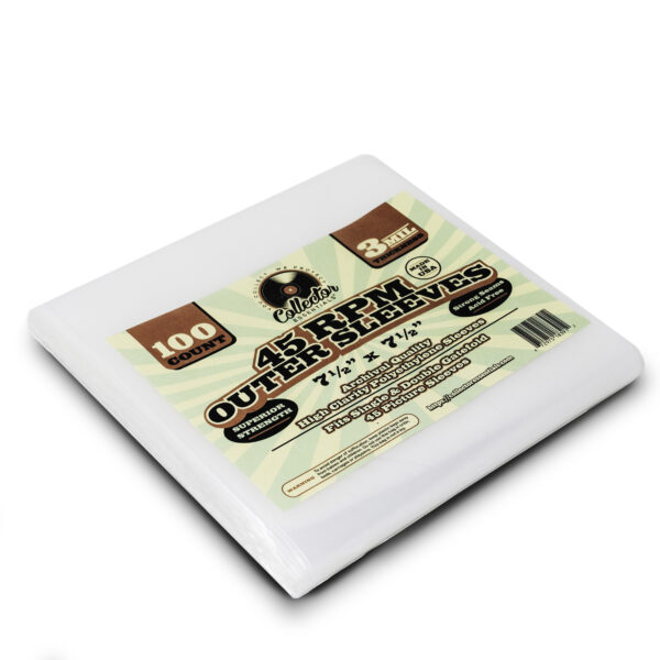 Angled side view of 100-count pack of 45 RPM outer sleeves made from 3 mil polyethylene by Collector Essentials