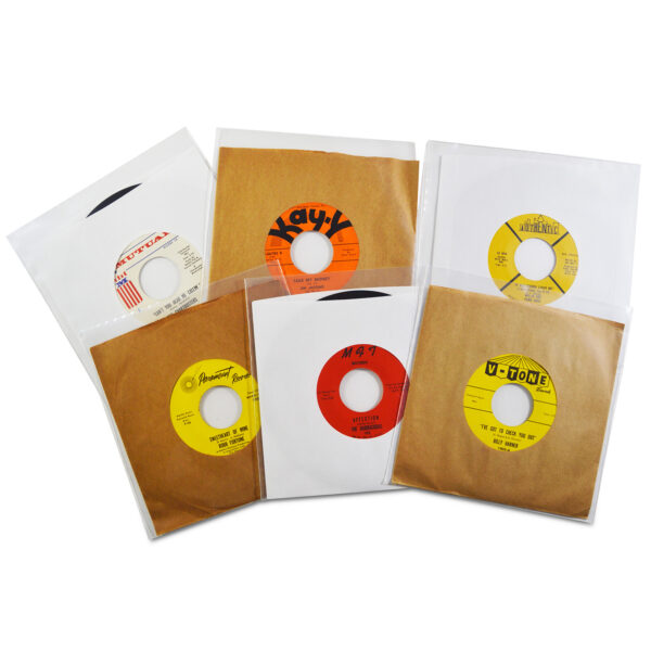 Group of 45 RPM records in white and kraft sleeves protected by clear polyethylene outer sleeves