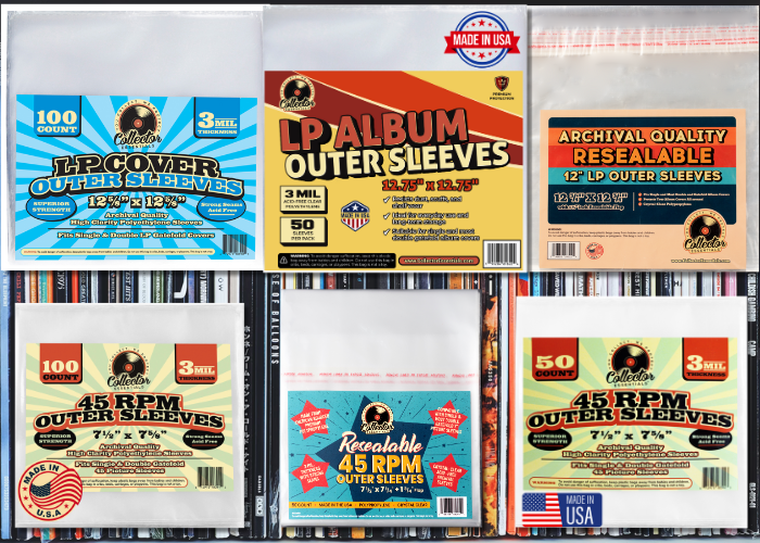 Collector Essentials outer sleeve product display in front of vinyl LP shelf, featuring LP and 45 RPM protective sleeves