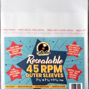 Collector Essentials resealable 45 RPM outer sleeves, 7½ x 7¼ with 1¾ flap, 50 pack, crystal-clear polypropylene