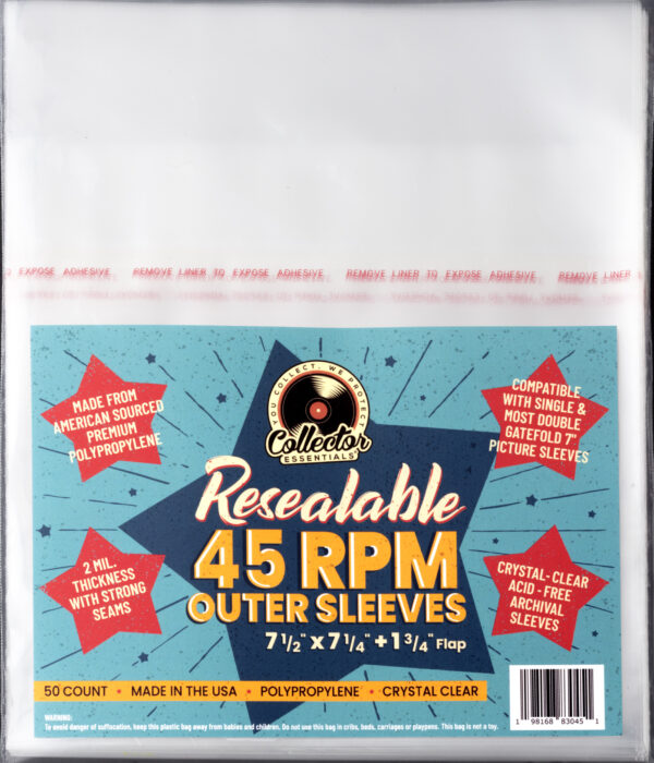 Collector Essentials resealable 45 RPM outer sleeves, 7½ x 7¼ with 1¾ flap, 50 pack, crystal-clear polypropylene
