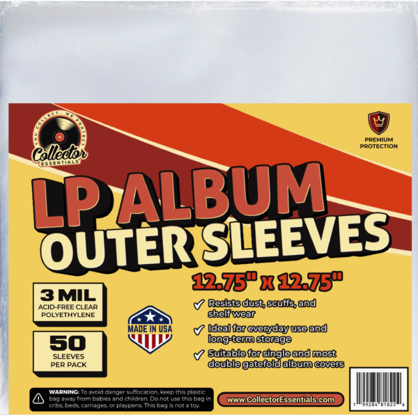 Collector Essentials LP album outer sleeves, 12.75 x 12.75 inches, 3 mil polyethylene, 50 pack, made in USA