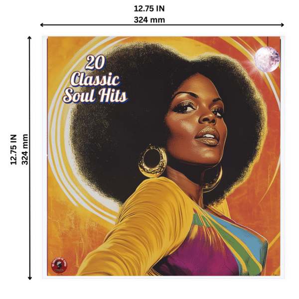 12.75 inch LP record in protective sleeve with sizing dimensions in inches and millimeters