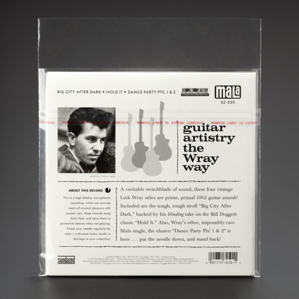 Back of Link Wray 45 RPM vinyl in resealable polypropylene sleeve with adhesive strip
