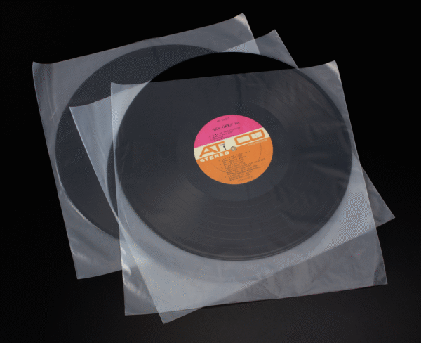 Anti-static frosted inner sleeves for 12-inch vinyl records with visible LP partially inserted