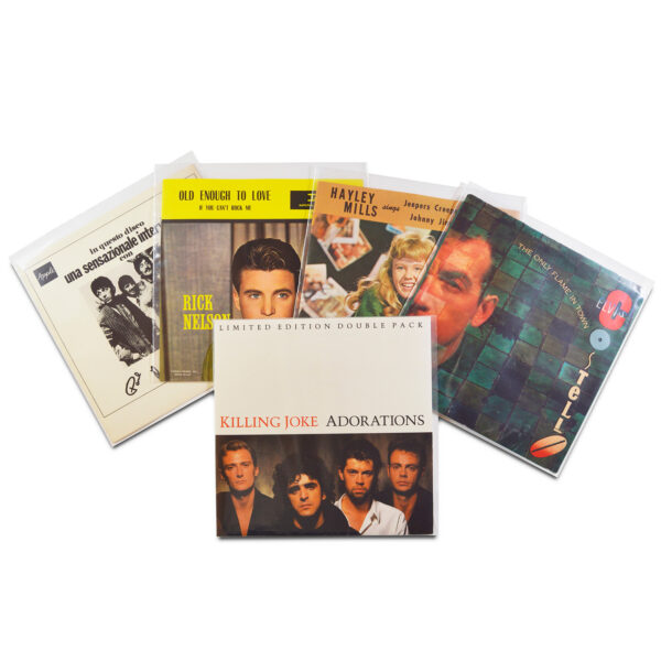Assorted 7-inch vinyl records in clear polyethylene 45 RPM outer sleeves, fanned out to show fit and clarity