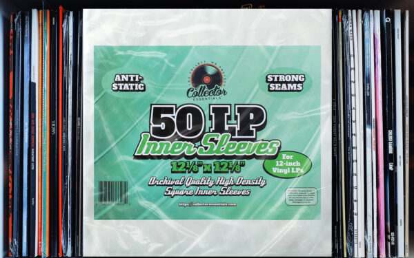 Collector Essentials LP inner sleeves 50 pack displayed vertically between vinyl records on a shelf