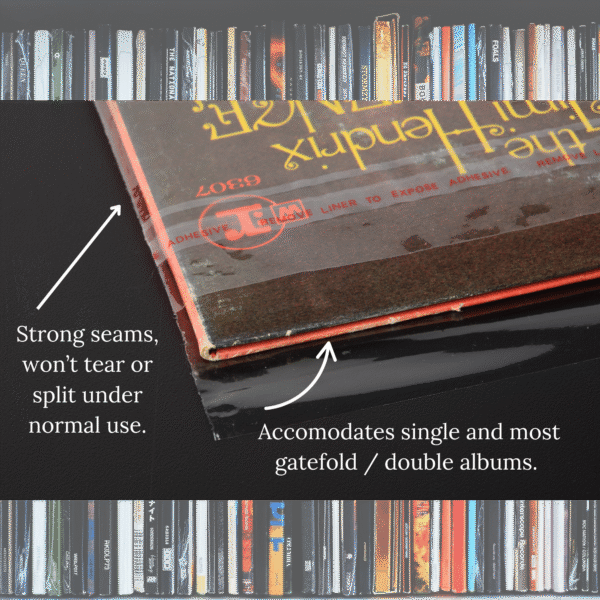 Infographic showing close-up of LP record in a resealable outer sleeve with text highlighting sleeve durability and compatibility